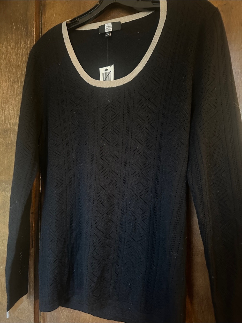 Saks Fifth Avenue Black Sweater with Cream Neck Trim